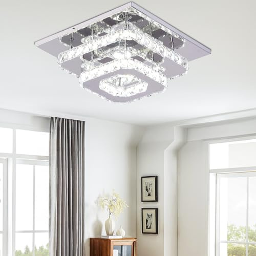 9.8 Modern Square Crystal Flush Mount Chandelier Ceiling Light Cool White | Crystal flush mount cool white ceiling light for Bedroom Stairwells Cafes Entryway Hallway Light Fixture Cool White