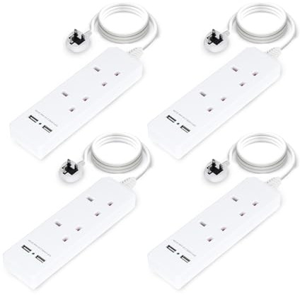 GEEPAS 2 Gang Extension Lead, 2M Cable | 2-Way Plug Extension Cable | Wall Mountable & Multi Socket Power Mains Strip with 2 USB Ports for Home Office | Heavy Duty UK Plug | White, Pack of 4