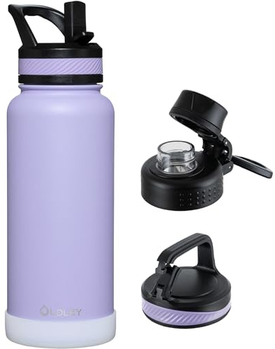 OLDLEY 1L Insulated Stainless Steel Water Bottle with Straw, Leakproof 1000ml Metal Water Bottles with 3 Lids & Handle, Double Wall Vacuum Flask Keep Hot and Cold for Sports, Travel, School (Purple)