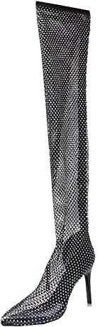 Generico Stivali Alti Donna con Strass Tacco Sottile Punta Fina Sopra il Ginocchio in Tinta Unita (Black, 38)