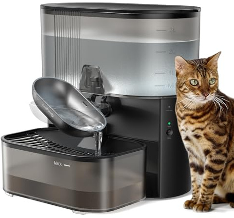 FEELNEEDY Fontaine à Eau pour Chat, sans Fil et sans Filtre, avec Eau Fraîche Séparée des Eaux Usées, Batterie 2000 mAh, Bol en Acier Inoxydable, Réservoir 3,5 L, Noir