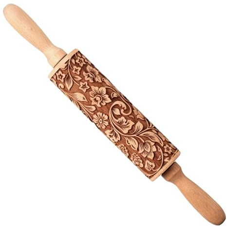 Rouleau à pâtisserie décoratif en bois de 35 cm (13, 8 pouces) avec motif floral 3D idéal pour la pâtisserie les biscuits la pâte à sucre et autres préparations.