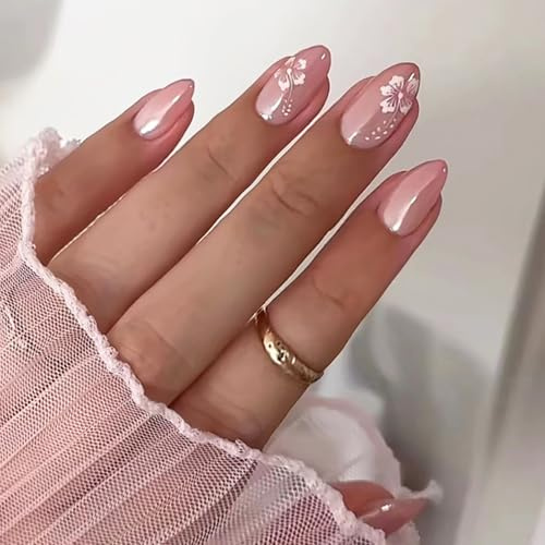Ceboic 30Pcs French Tip False Nails, Short Almond Gradient Press on Nails, Pink Flowers Acrylic Fake Nails with Adhesive Tabs, Natural Reusable Full Cover Stick on Nail for Women Girls DIY Manicure