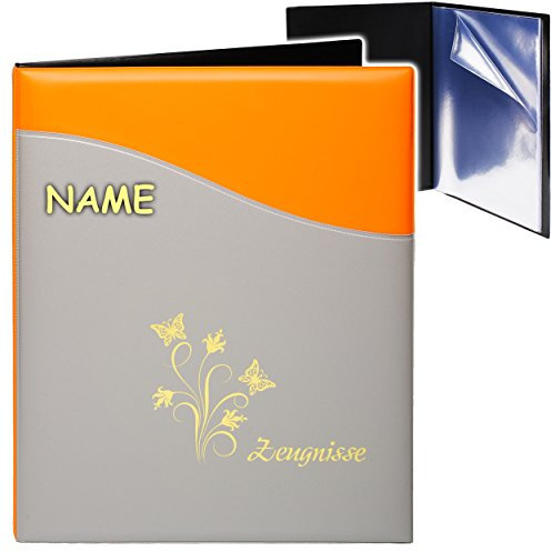 alles-meine.de GmbH A4 - Zeugnismappe/Dokumentenmappe - Zeugnisse Schmetterlinge & Blumen - 3D Metallic & Kunst-Leder Effekt - orange/grau - inkl. Name - GEBUNDEN m..