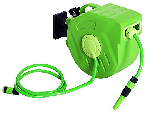 Outsunny Avvolgitubo da Giardino Retrattile con Tubo dell'Acqua 15 m, Rullo Avvolgitubo da Parete Girevole a 180°, Automatico Tubo da Giardino per Irrigazione in plastica, Verde