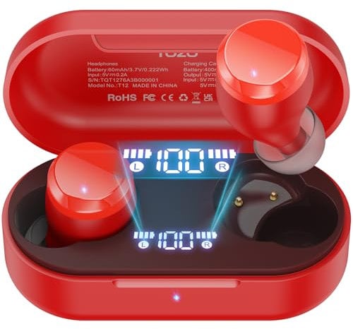 TOZO T12 Mini Cuffie Bluetooth 5.3 con ENC Chiamata LED Schermo ORIGX 2.0 Acustica EQ Regolazione 55 Ore Riproduzione Supporti Caricatore Wireless e USB Tipo C IPX8 Rosso