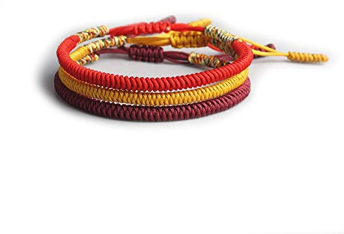 EXINOX Pulsera Tradicional Tibetana de Nudos | Hecha a Mano | Hombre Mujer | Espiritual Budista | Rojo Dorado Granate | 3 Piezas