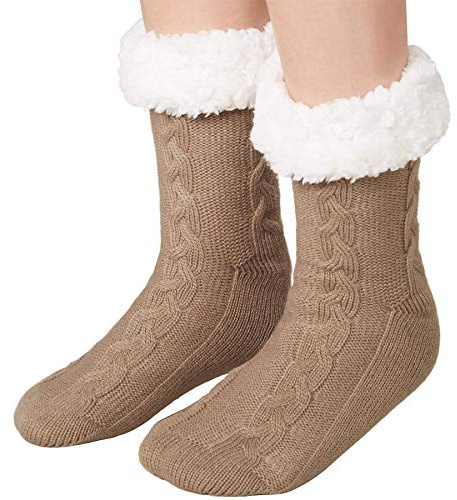 dressforfun 900853 Unisex Weihnachts Kuschelsocken mit Muster, dick gefüttert & Plüschrand, braun - Diverse Größen -
