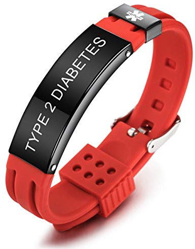 MOWOM Medical SOS Notfall Armband Personalisiertes Gravur Silikon Edelstahl Namensarmband Männer Damen Jungen Mädchen - Bündel mit Notfallkarte, Kartenhülle (Rot Type 2 Diabetes)