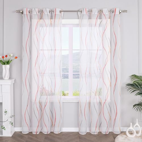SCHOAL Transparente Gardine Schal mit Ösen Modern Vorhang Voile Wellen Muster 1 Stück BxH 140x145cm Orange