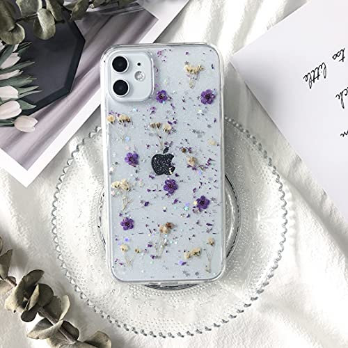 Tybiky - Custodia per Apple iPhone 12, trasparente, con veri fiori secchi e cristalli, realizzata a mano, piccolo fiore viola