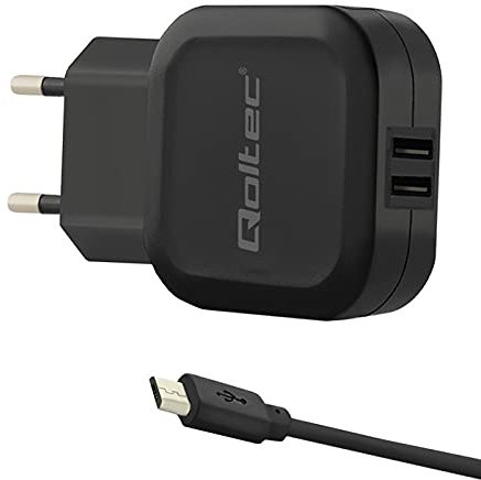 Qoltec Cargador de 17 W, 5 V, 3,4 A, 2 Puertos USB y Cable Micro USB.