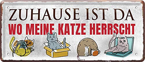 Blechschild ''Zuhause ist da, wo meine Katze herrscht'' 28x12cm Geschenk Lustige Sprüche Feier Vintage Retro Geburtstag Deko Party Überraschung Fan Haustier Tier Freund knuddelig