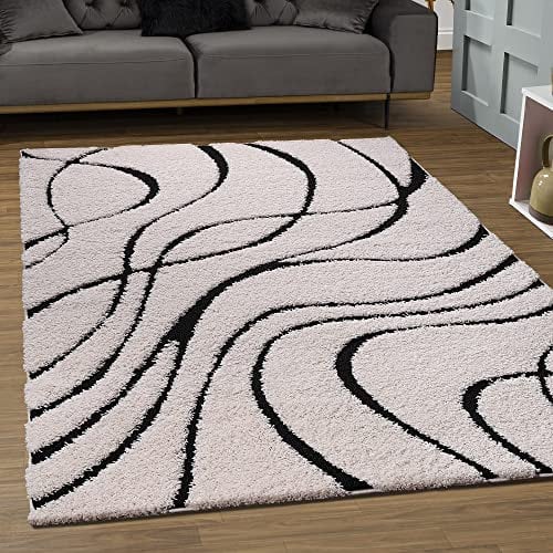 SANAT Wohnzimmer Teppich - Luxus Shaggy Nicht-schuppend Teppich, Wohnzimmer Schlafzimmer Esszimmer Eingangsbereich Teppiche, Schwarz Creme 200 x 280 cm