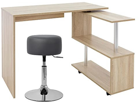 ML-Design Eckschreibtisch drehbar mit Sitzhocker, Schreibtisch Bürotisch PC Tisch L-Form Natur Sonoma-Eiche 150x88x75cm, Polsterhocker Kunstleder Dunkelgrau rund 33cm drehbar höhenverstellbar 52–65cm