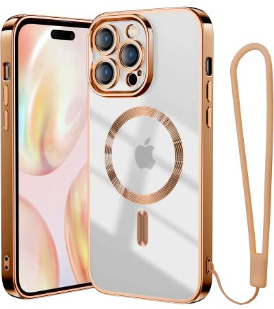 Meifigno Clear für iPhone 14 Pro Max Hülle [Kompatibel mit MagSafe & Anti Vergilbung][ Handschlaufe Lanyard] Weichen TPU Transparent Case Handyhülle iPhone 14 Pro Max für Frauen Mädchen, Messing Gold