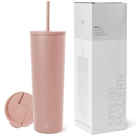 Simple Modern Isolierter Becher mit Strohhalm und Deckel | EiskaffeeBecher Wiederverwendbare EdelstahlWasserflasche Thermobecher | Classic Sammlung | 830ml | Mauve Me
