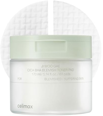 celimax Ji.Woo.Gae CICA BHA Blemish Toner Pad, 60 Pads | BHA PHA LHA Complex, Centella Asiatica Extract, Hydrating, Moisturizing, Soothing, Reparing, Korean Skin Care