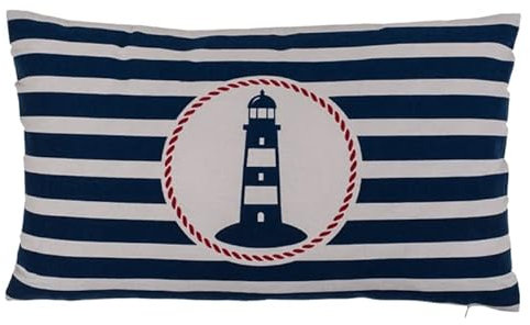 Seaside No.64 - Maritimes Kissen mit Leuchtturm für Couch, Bett, Boot, Terrasse - blau und weiß/Creme gestreift - in der Größe 30cm x 50cm - mit Reißverschluss - waschbar bei 30°