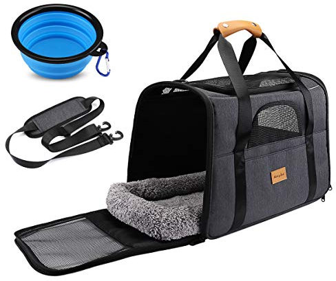 Morpilot Cat Carrier, Airline Approved Pet Carrier, Portable Dog Bag, Breathable Small Travel Cage with Adjustable Shoulder Strap and Bowl, Grey