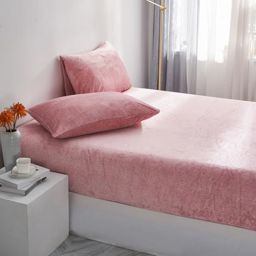 Luofanfei Winter Plüsch Spannbettlaken 180x200 Rosa Extra Warm Kuschelige Leintuch Bettlaken Boxspringbett Frottee Samt Uni Bettspanntuch für Hohe Matratze Hoher Steg bis 25-30 cm