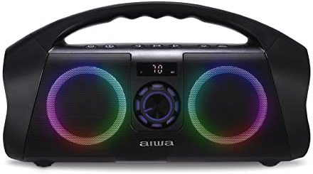 AIWA Boombox portatile – Altoparlante Bluetooth impermeabile, ricaricabile wireless Boombox con illuminazione LED multicolore e display digitale, ingresso AUX e maniglia per il trasporto, 15 ore di
