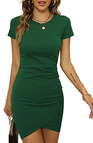 Laughido Vestido Corto de Manga Corta para Mujer, Vestido de Verano, Cuello Redondo, Vestido de Playa, con Volantes, Ajustado, Vestido de Camiseta, Verde Oscuro, S