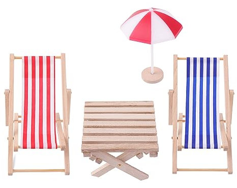 Cobee Miniatur Puppenhaus Strandstuhl,4 Stück 1:12 Strand Dekoration Outdoor Zubehör Mini Puppen Zwillings Liegestühle Regenschirm Tisch für DIY-Garten Pflanzen Pool Kuchen Möbel Dekor