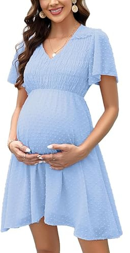 Clearlove Robe de grossesse d'été en mousseline de soie à pois suisse à manches courtes pour femme, bleu clair, XL