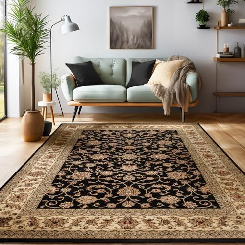 SIMPEX Orientalischer Teppich Wohnzimmer, Schlafzimmer, Esszimmer, Läufer, Flur Boho Teppich Kurzflor Weich 12 mm Carpet Orient, Schwarz, 120 x 170 cm