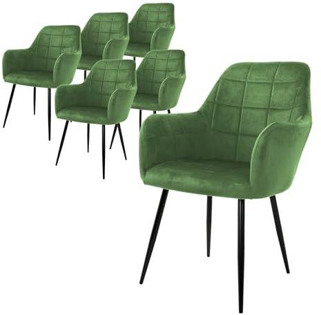 ECD Germany 6er Set Esszimmerstühle mit Rücken- und Armlehnen, Salbei, Küchenstühle mit Samtbezug, Polsterstühle mit Stahlgestell, Ergonomische Stühle für Esstisch, Wohnzimmerstühle Esszimmerstuhl