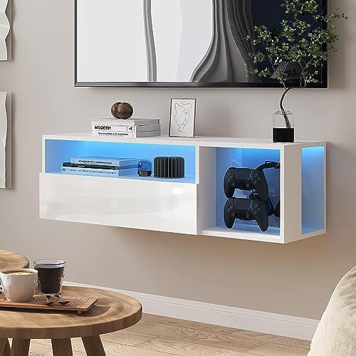 soges Meuble TV Suspendu pour Centre de Divertissement avec Lumières LED, 100cm Banc TV Mural avec Gestion des Câbles, Banc TV Blanc