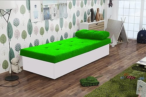 KIER FURNITURE Berta BIS Schlafsofa – Einzelbett – Bett Mit Matratze – Gästebett Klappbar – Bonell-federsystem – Polyurethanschaum – Ziernähte – 190x80x38cm – Weiß + Grün Stoff