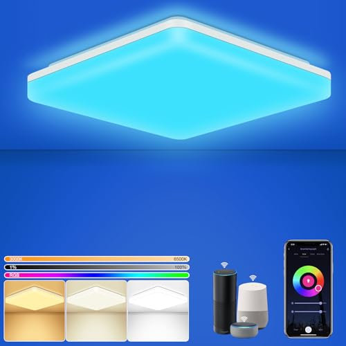 Smart LED Deckenleuchte Dimmbar RGB Farbwechsel, 15W 1500LM 2.4GHZ WLAN Led Deckenlampe Steuerbar mit Fernsteuerung via APP, IP54 Badlampe Für Wohnzimmer Kompatibel Mit Alexa und Google Assistant