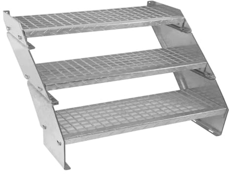 Scala in metallo a 3 livelli regolabile in altezza 90 cm di larghezza Acciaio zincato argento 3 gradini regolabili Griglia resistente alle intemperie Spessore asta 5 mm Kit di fissaggio GRATUITO