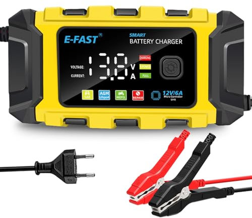 Caricabatterie per Auto,Carica Batteria Manutentore per Auto e Moto 6A/12V Caricatore Portatile con Intelligente Schermo LCD per Caricare e Riparare Batterie al Piombo-Acido Giallo