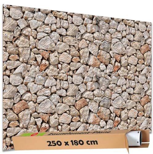 TRIOSK Sichtschutz Garten Deko Zaun Plane Blickdicht groß mit Zaunblende Motiv Bruchstein Mauer Optik Hell für Zaunelement Doppelstabmatten Stabmattenzaun Gartenzaun PVC 250x180 cm