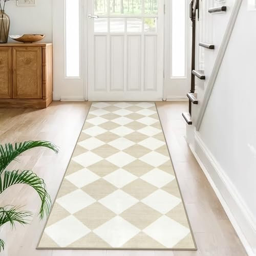 Beeiva Checkered Print Long Hallway Runner Rug Non Slip, Beige Ultra Thin 2.5x10 Washable Runner Rug, Moroccan Trellis Home Decor Faux Wool Neutral Carpet for Bathroom Kitchen Hallways, 10ft
