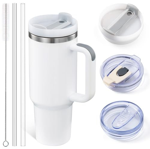 40 oz Sublimation Tumbler with Handle and Straw, 3 Lids Insulated Tumblers for Heat Press or Sublimationg Oven DIY Printing, Stainless Steel Bottle with Straw and Lid for Water, Coffee