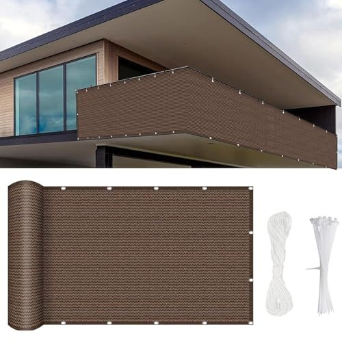 Bâche de Balcon Brise-Vue 500 x 50 cm en Polyéthylène Haute Densité, Brise Vue Balcon Store Latéral Pare-Soleil Brise-Vue, avec Attaches Câble et Cordons, pour Terrasse Jardin, ‎Marron