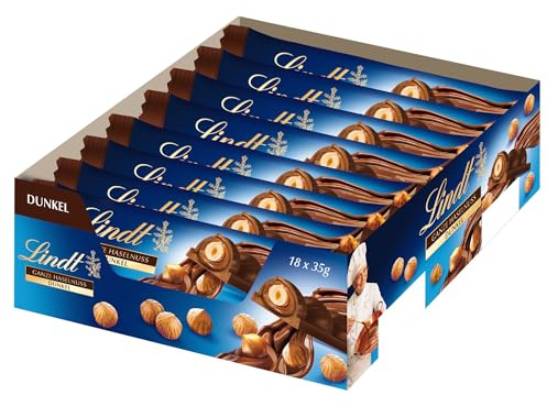 Lindt Schokolade NUSS DELUXE Riegel Dunkle Haselnuss | 18 x 35g | Geröstete Haselnüsse in feiner Nusscrème umhüllt von dunkler, feinschmelzender Schokolade | Pralinengeschenk | Schokoladengeschenk