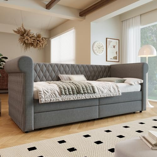 Soweiz Vintage Kopfteil Polsterbett Sofabett, Schlafsofa Tagesbett mit 2 Stauraum Schubladen, Kinderbett Jugendbett Bettgestell mit Lattenrost aus Holz, Linen, 90x200 cm (Grau)