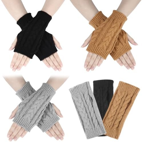 Toaren 3 Paar Halb Fingerlose Handschuhe Damen Pulswärmer,Winter Handschuhe Ohne Finger,Strickhandschuhe Warm Kurzer,Gestrickte Fäustlinge,Dehnbar Armstulpen Halb Handstulpen Unisex Armstulpen