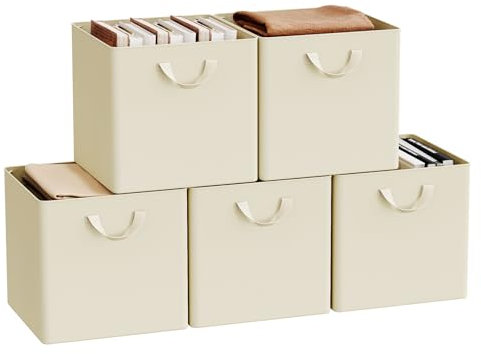 WOLTU Fabric Storage Boxes Set of 5, Collapsible Cube Baskets with Handles and Metal Frame, Wardrobe Organisers for Bedroom, Living Room, Study, Linen, Cream, 32.5x32.5x31cm