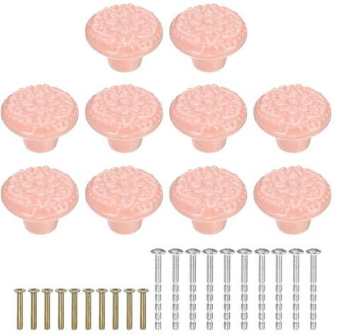 sourcing map 10Pcs Ceramic Knobs, 34mm/1.34 Flower Pattern Mushroom Knob Drawer Pull Handle Vintage Wardrobe Knobs with Screws for Vanity Bedroom Furniture Closet, Pink