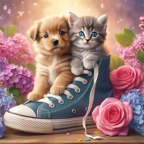 Frizlryem 5D Chat Diamant Painting Kit, DIY Chien Art du Diamant Complet Kits, Fleurs Diamond Art Strass Point de Croix Painting pour Adultes Débutants Maison Décor 30X30cm