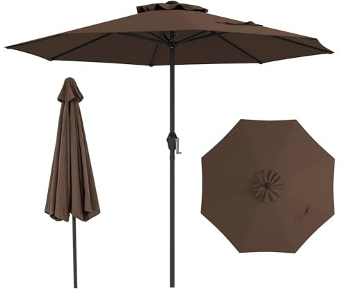 GOPLUS Parasol de Terrasse, Parasol de Jardin Exterieur avec Manivelle, 8 Baleines Robustes, Dessus Ventilé, Protection Solaire, pour Arrière-Cour, Bord de Piscine, Base Non Incluse (Marron,2,6M)