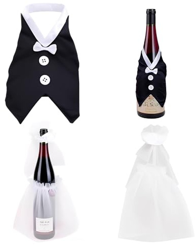 HMCEY Botellas de Vino para Bodas,Traje Botella Vino de Boda,Disfraz de Botellas de Novia y Novio,Funda para Botella de Vino,Decoración de Mesa Boda para Fiesta Compromiso, San Valentín, Bodas