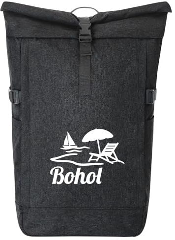 Huuraa Kurierrucksack Bohol Inselmotiv Philippinen Geschenk | 30-44 Liter Backpack Black Melange Fairtrade Rolltop Rucksack Geschenkidee Schwarzer Laptop-Rucksack passend für 17-Zoll
