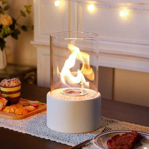 JHY DESIGN 26,5 cm H Windlicht Tisch-Kamin Feuerschale Tischlampe Windlichter aus Metall und Glas für Garten Veranda Terrasse (Weiß)